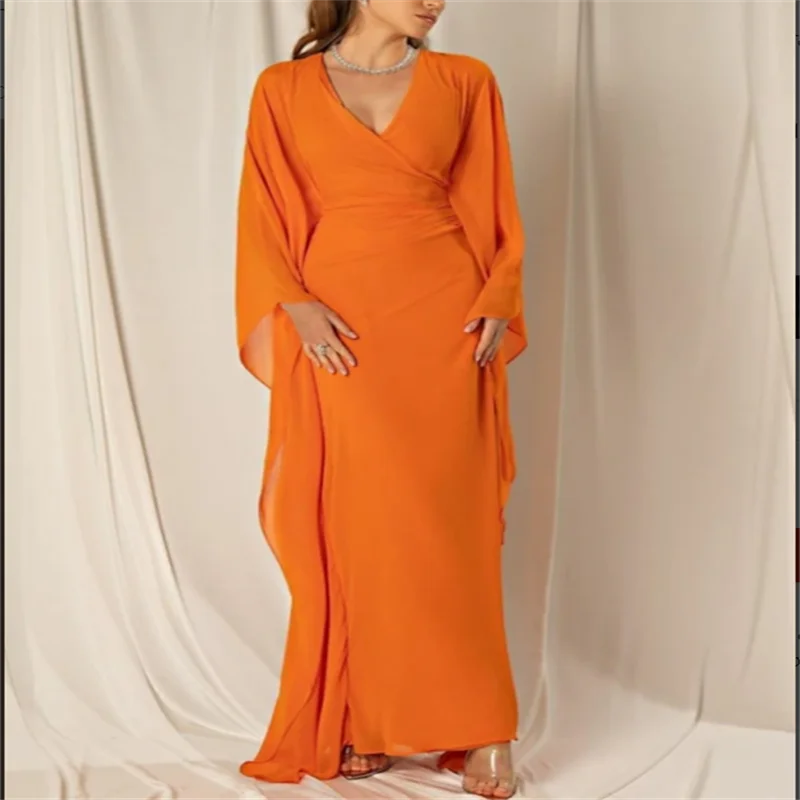 Beach Wedding Sheath Evening Gown Elegant Evening Dress Formal Fall Ankle Length Long Sleeve V Neck Chiffon with Ruched Ruffles