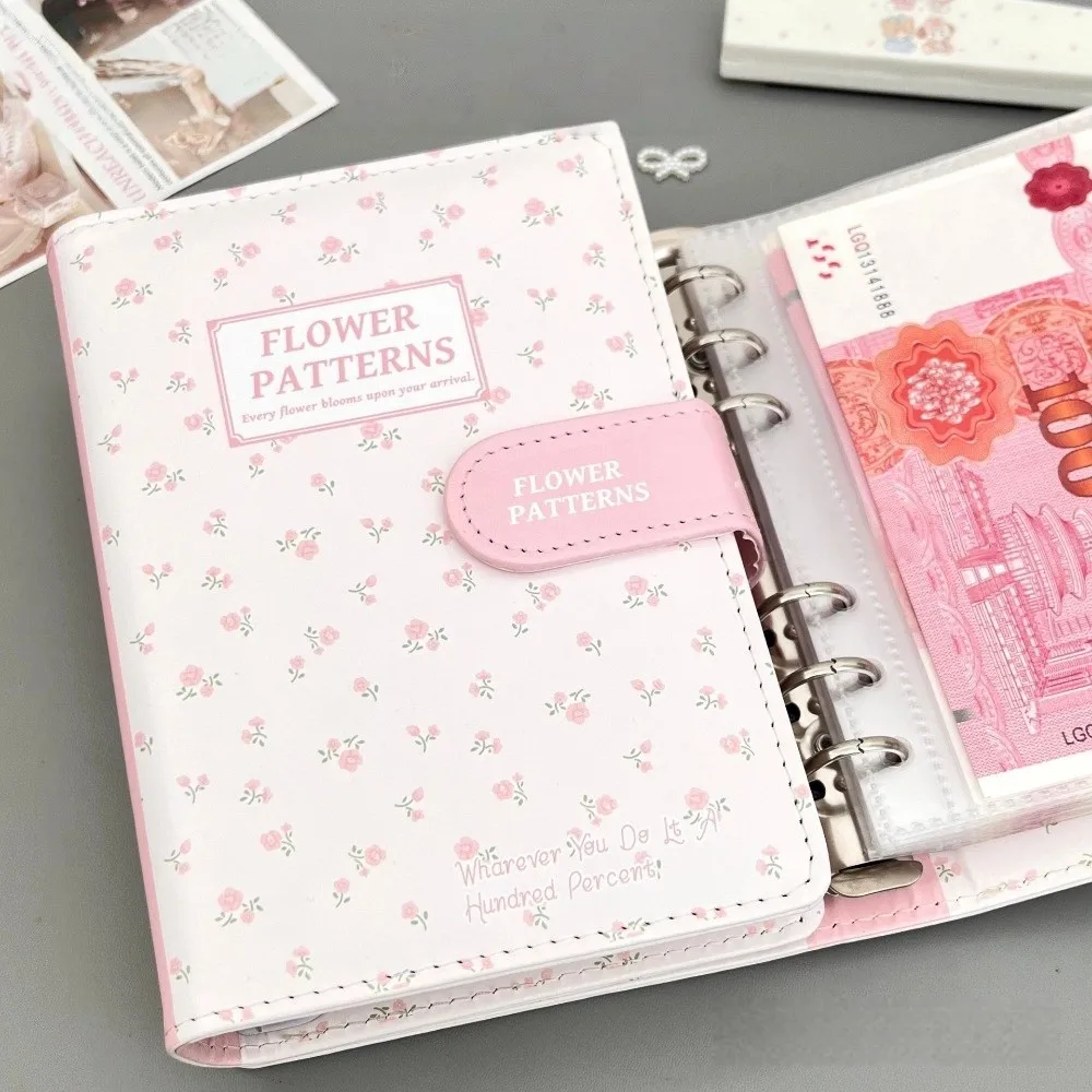 New PU Leather Money Saving Binder A6 Size Clear Inner Pages Budget Binder Cute Flowers Budgets Planner Home Office Use