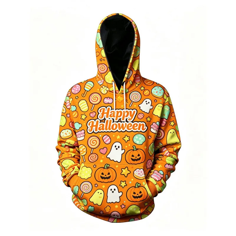 Happy Halloween Retro Web Graphic Allover Print Hoodie Unisex Long Sleeve Kangaroo Pocket Drawstring Casual Sweatshirt Fashion