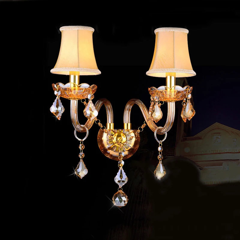 

French Double Headed Crystal Wall Sconce European Amber Luxury Hotel Villa Bedroom Living Room Corridor Decoration Led Lights