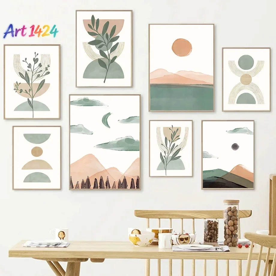 1pcs(No frame)Abstract Mountain Leaf Sun Rainbow Geometry Landscape Posters And Prints Wall Art Canvas Painting Pictures For