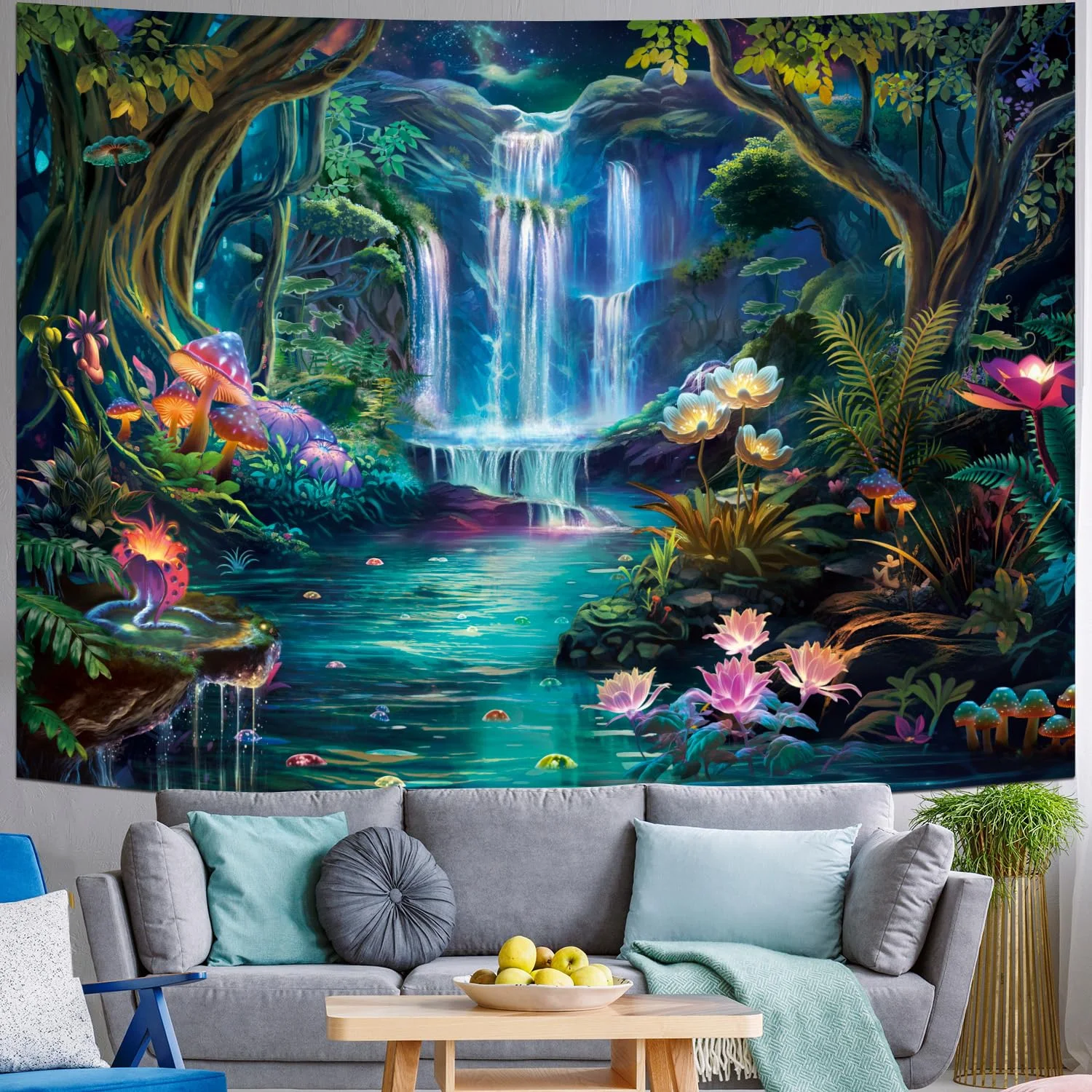 VIKAMA  Wonderland Mushroom Flower Tapestry Galaxy Waterfall Fantasy Plants Wall Art for Bedroom Living Room Dorm Decor