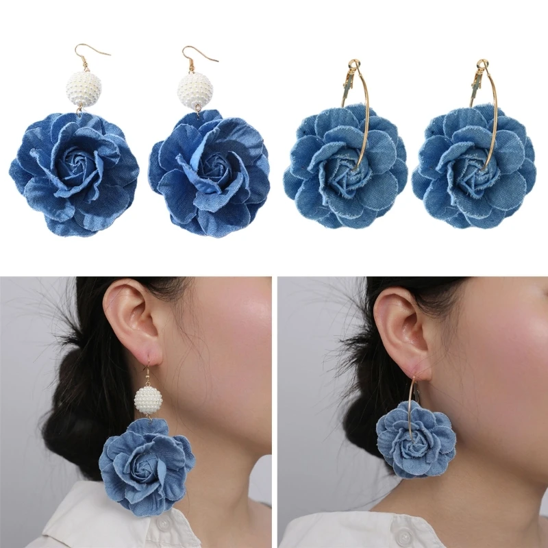 Brincos florais artesanais de camélia para mulheres, flor azul, jeans elegantes, moda drop, ornamento de joias