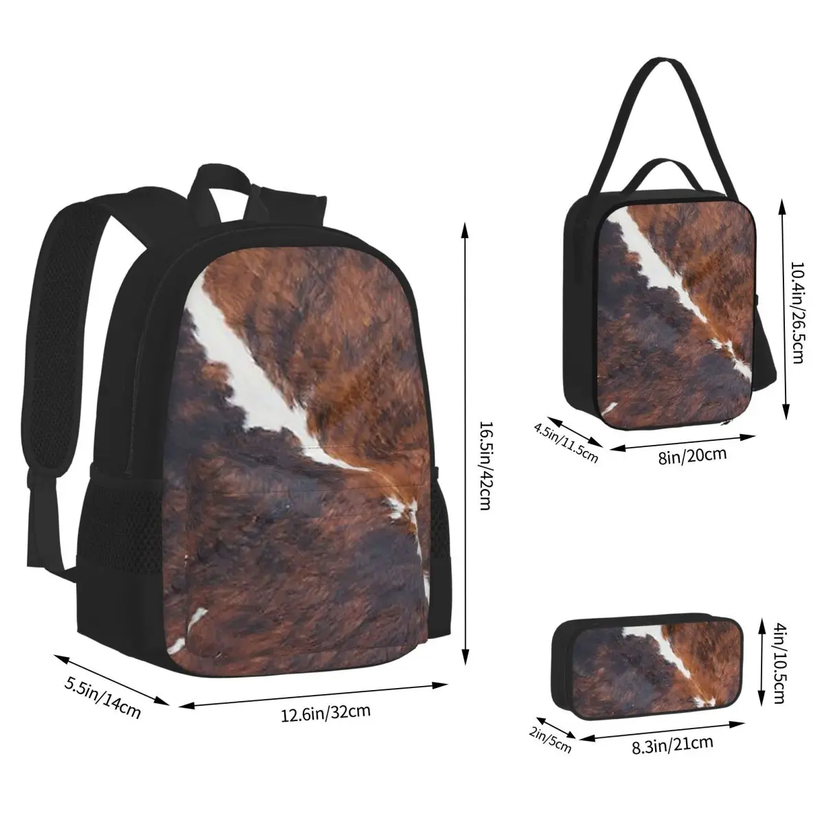 Cow Fur Cowhide Texture Cow Skin Print Patter Backpacks Bookbag School Bags Kids Rucksack Lunch Bag Pen Bag Three-Piece Set