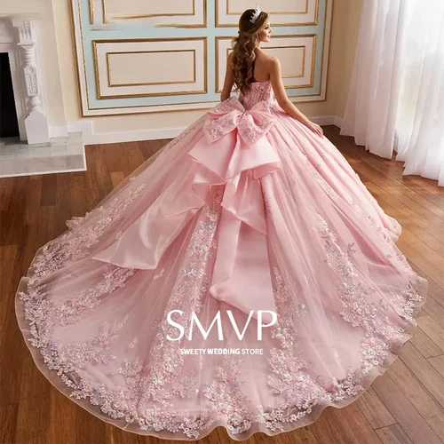 Imagen 2 del producto Vestidos de fiesta elegantes y glamorosos de organza con lentejuelas bordadas, vestidos de quinceañera sin tirantes, sin mangas, con lazo en la espalda personalizado