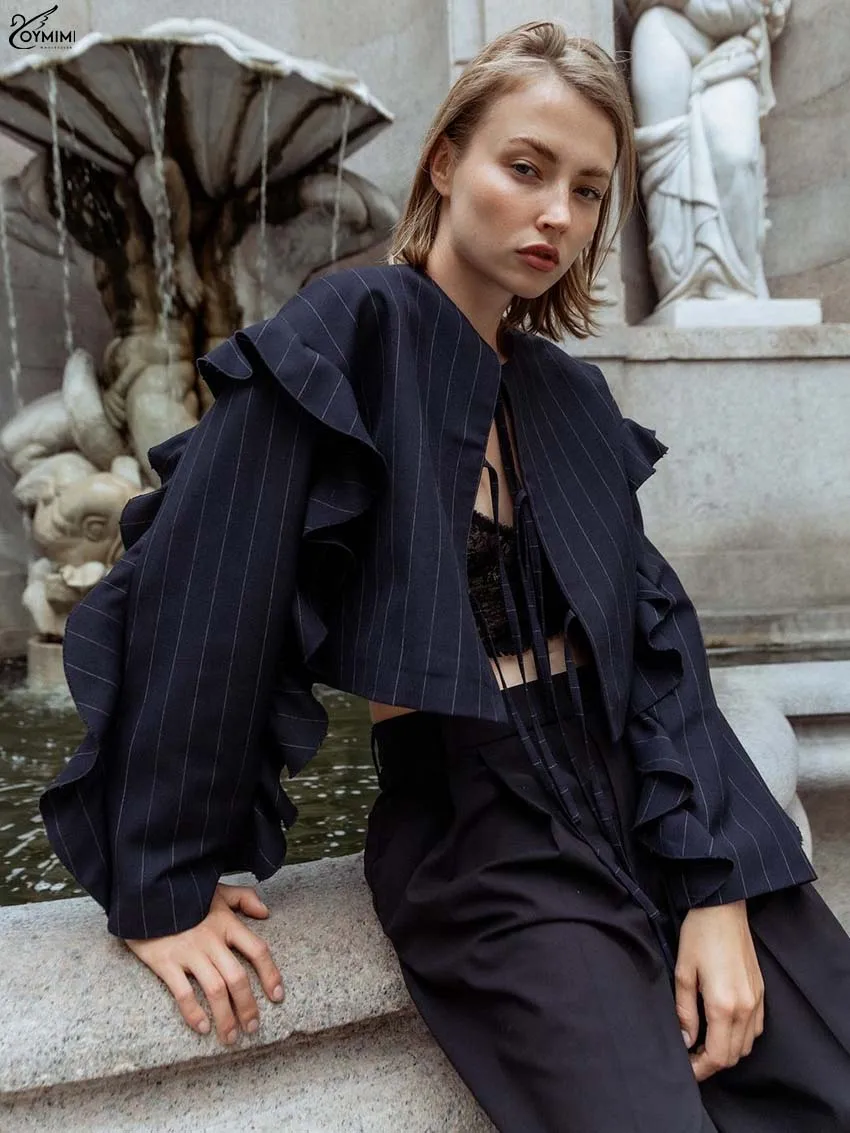 

Oymimi Fashion Dark Blue Print Woman Blouses Autumn O-Neck Long Sleeve Lace-Up Blouses Casual Ruffled Crop Shirts Streetwear