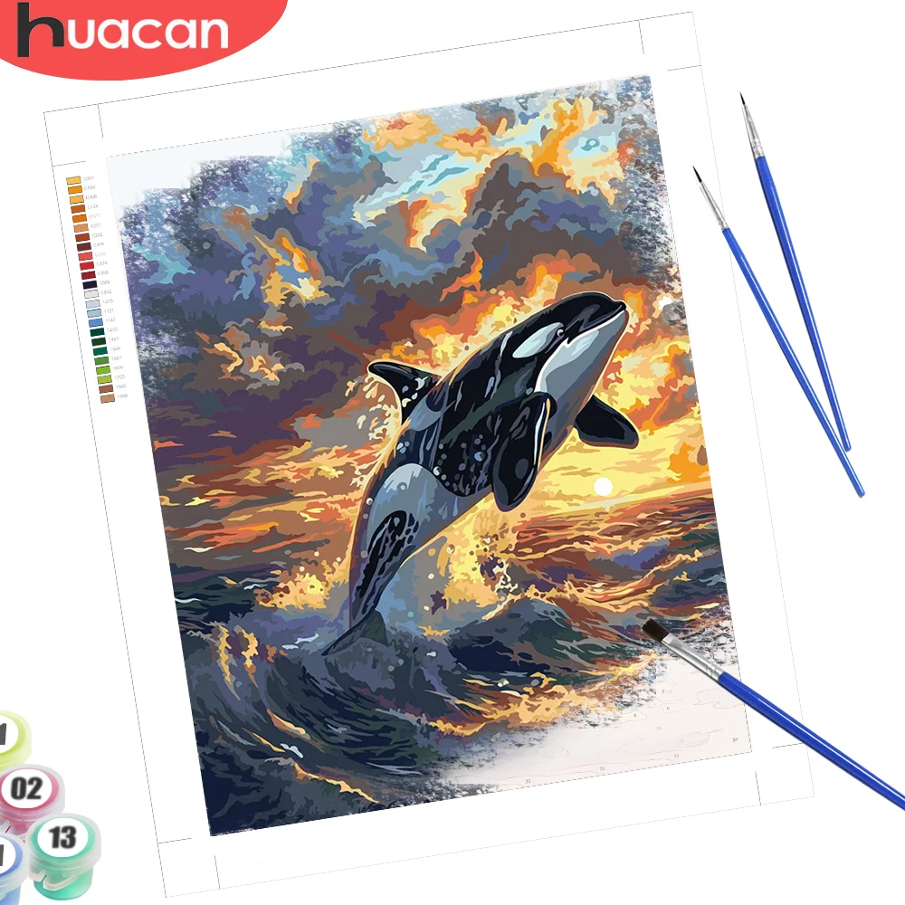 HUACAN Oil Painting By Number Canvas Whale Animal Draw On Canvas Sea Sunset Hobby Creative Gift Wall Art Home Decor