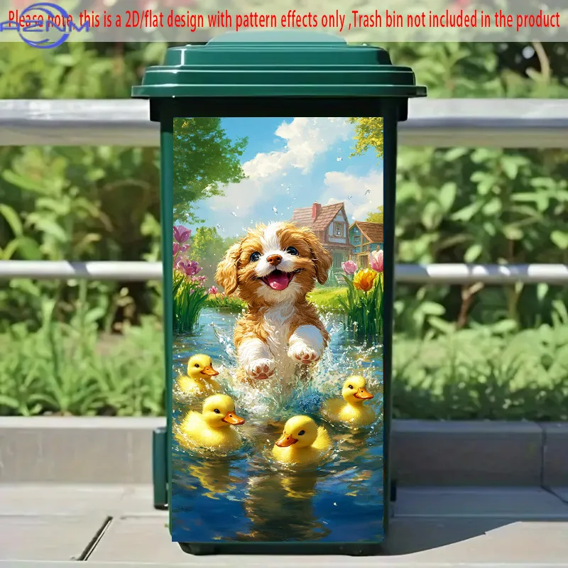 1pc Joyful Puppy with Ducklings 2D Flat Design Sticker, .01x cm - Cheerful Idyllic Scene with Vibrant Colors, Self-Adhesive PV