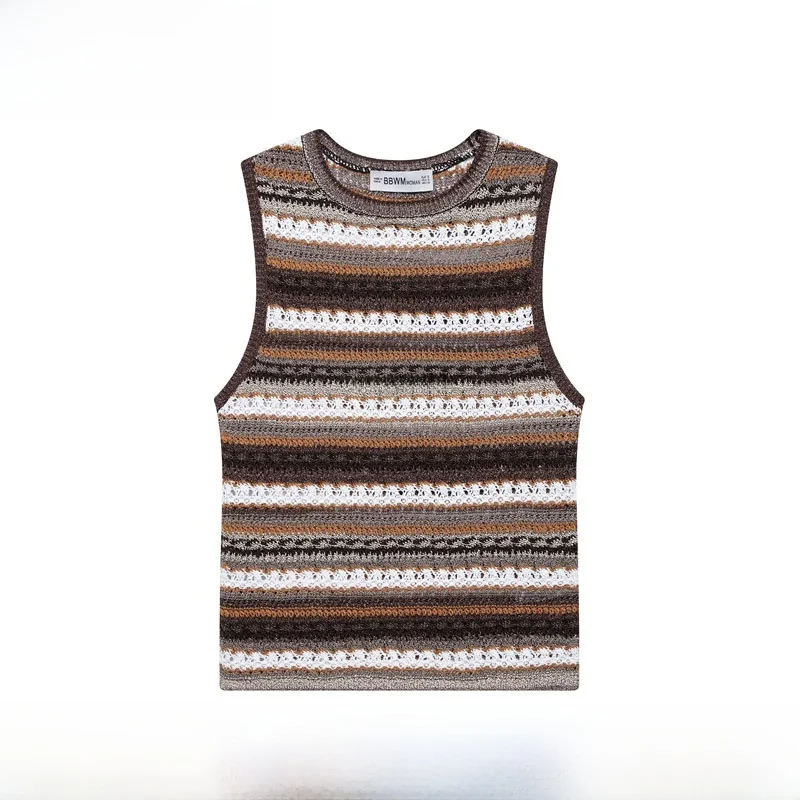 

Fashionable Striped Texture Knitted Top Women's Loose Fit round Neck T-Shirt Polyester Fiber 2026 Summer New Arrival