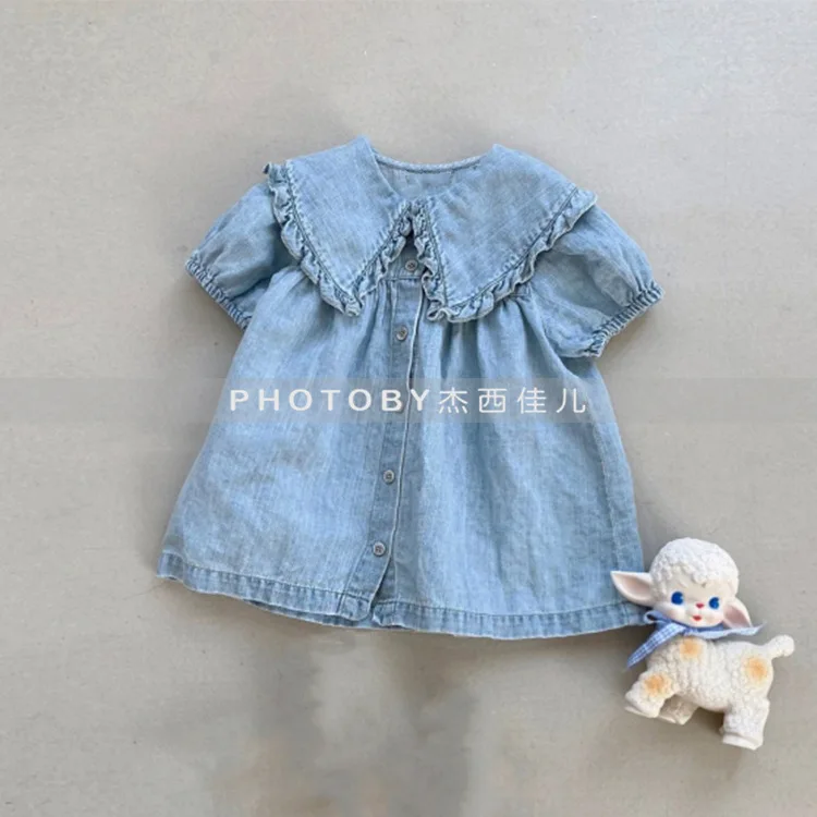 

INS Korean Spring/Summer New Dress Children's Lace Large Polo Neck Bubble Sleeve Denim Princess Doll Dress