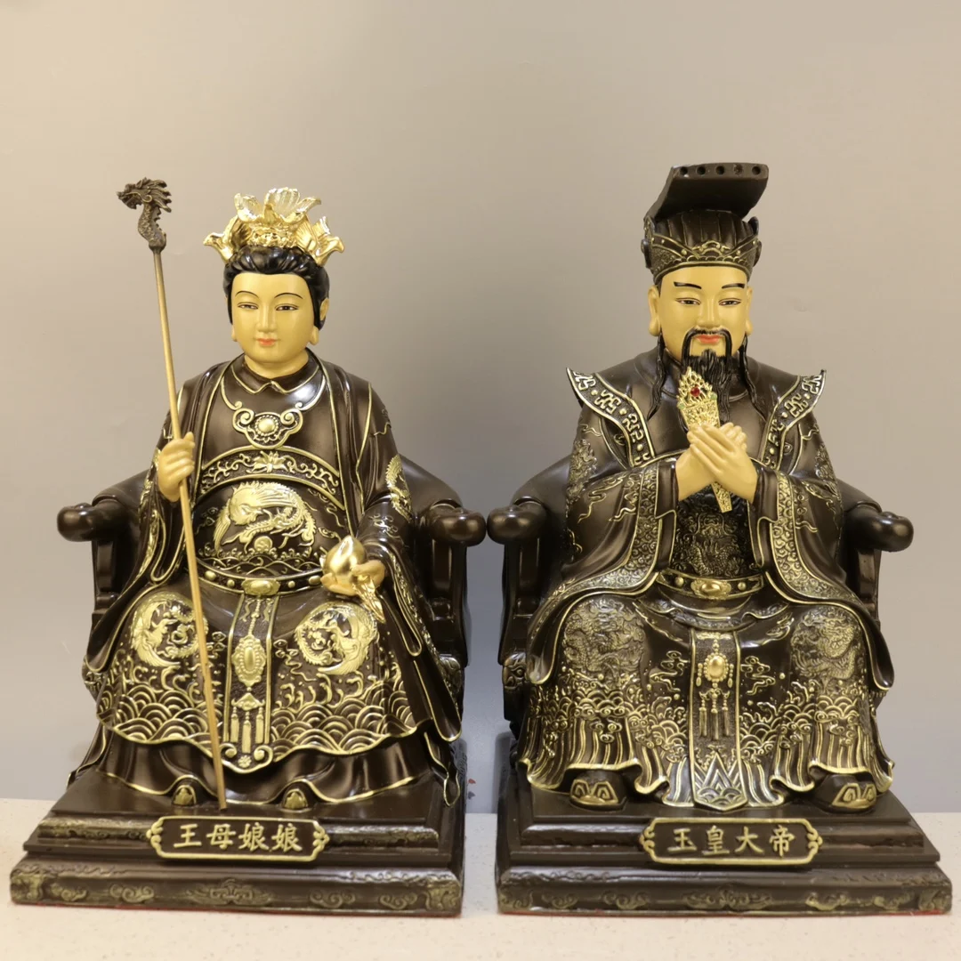 Jinggong Bronze Buddha Statue Jade Emperor, Empress Dowager, painted with gold Size Jade Emperor: Height 32cm, Length 21cm, Widt