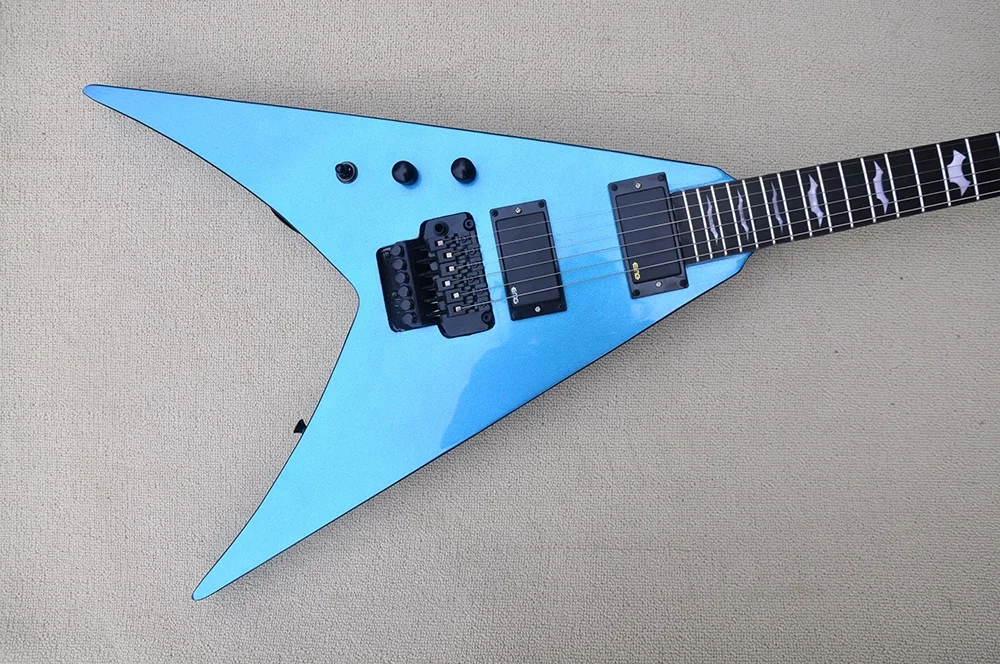 Metal Blue Flying V Shape Electric Guitar 6 Strings Stringed Instruments Left Handed Guitar