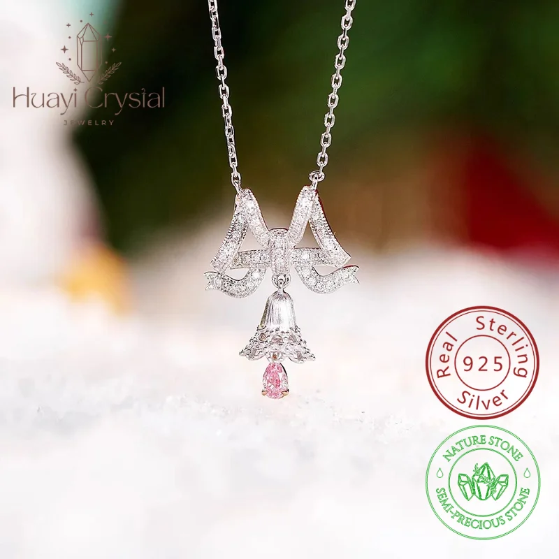 

925 Sterling silver Women's Necklace Three Dimensional Bow Bell Exquisite Romantic Pendant Christmas Gift