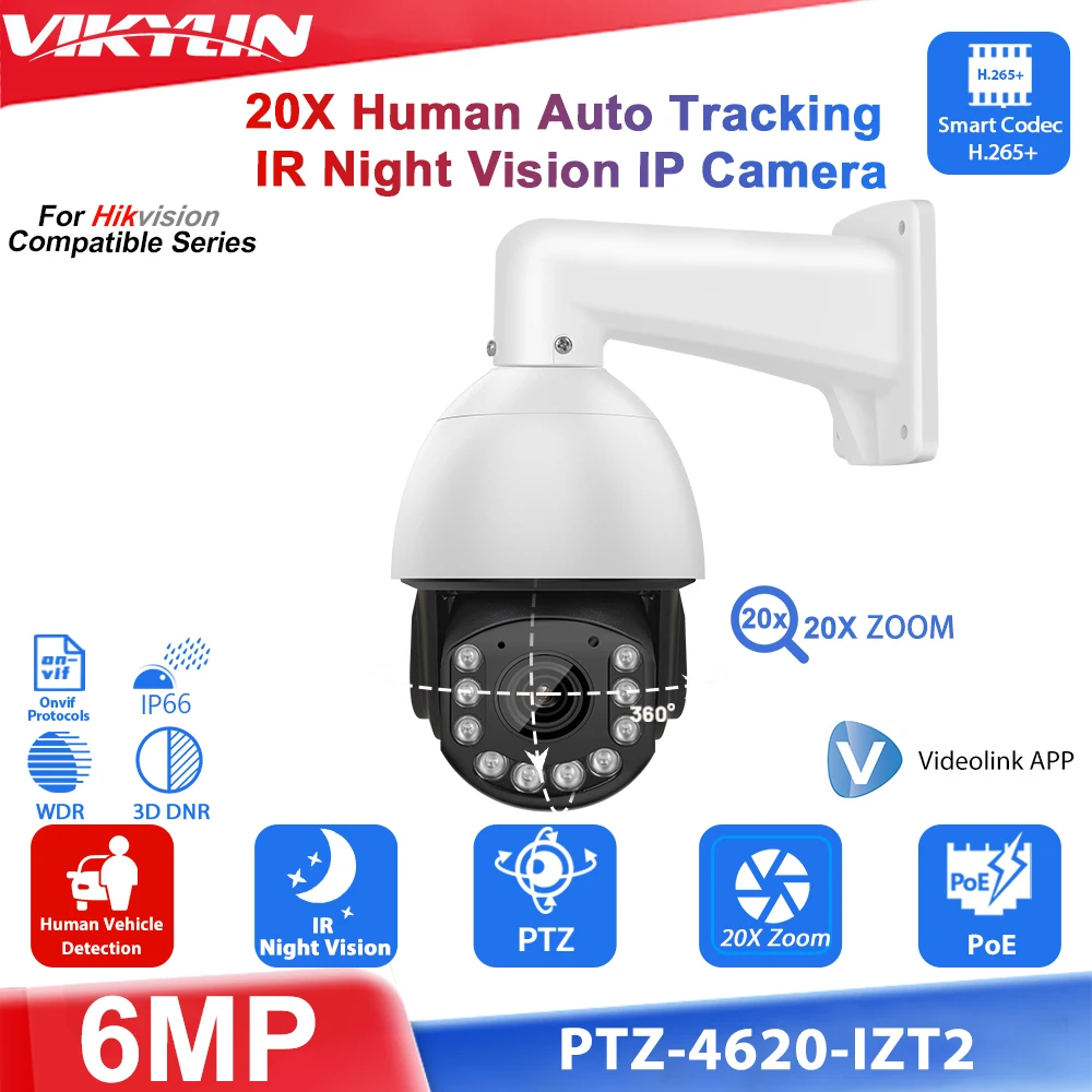 Vikylin 6MP 20X Zoom IR Night Vision PTZ IP Camera For Hik Compatible Two way Audio Human Vehicle Detection POE Security Camera