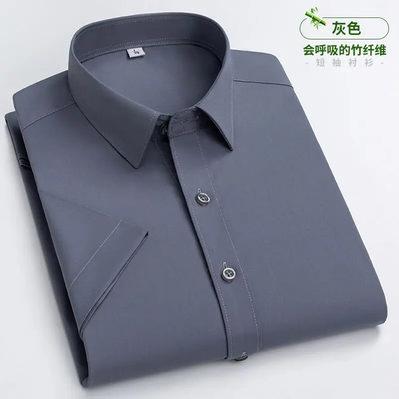 Summer new men\'s bamboo fiber short-sleeve shirt anti-wrinkle non-ironing business fashion comfortable casual breathable