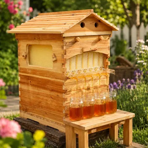 Auto Flow Beehive Starter Kit with 7 Flow Frames, Observation Window & Honey Tap, Wooden Bee Hive Box for Beginner Beekeeping