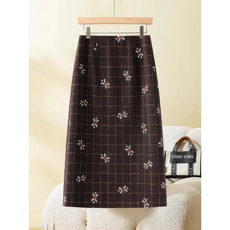 Черная шерстяная юбка-миди в клетку для женщин, потрясающая клетчатая облегающая юбка трапециевидной формы с миниатюрной вышивкой
