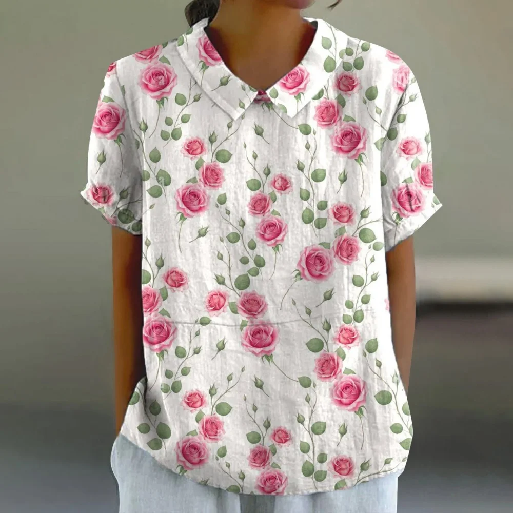 Woman Blouses Retro Floral Pattern Print T-Shirt Summer Fashion Outdoor Lapel Short Sleeve Tops Women Pulovers Blouse Clothing