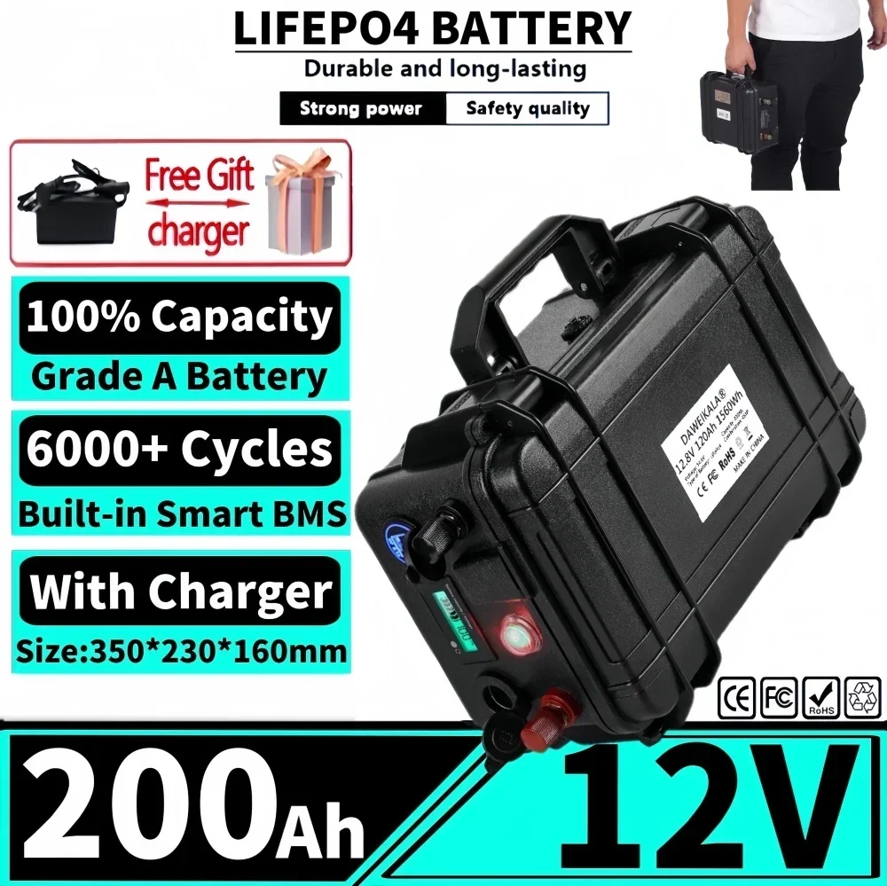 12V Lifepo4 Battery Pack 200Ah Lithium Iron Phosphate Waterproof Cells For Golf Cart RV Solar Energy Storage Inverter Boat Motor