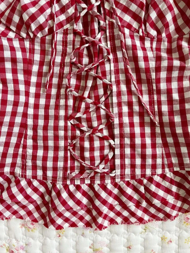 الفرنسية الأحمر منقوشة موضة سليم نفخة كم بلايز المرأة الجديدة الدانتيل يصل الحلو ريترو تي شيرت على طراز هاراجوكو الجمالية خمر صالح شيك الملابس