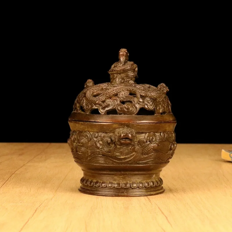 Antique bronze dragon incense burner, a decorative piece for antique collections, Buddhist altars, and office decor