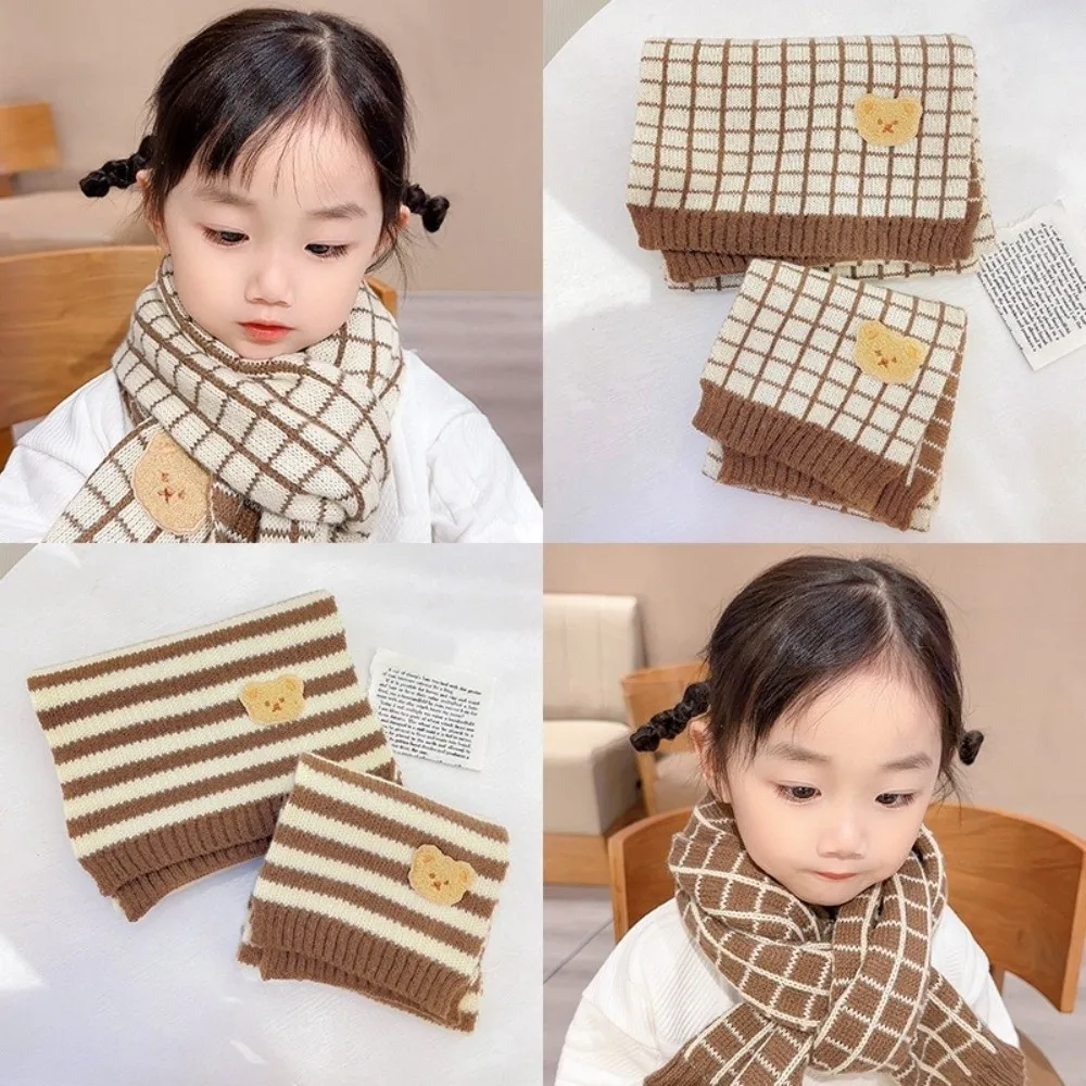 Fashion Cute Bear Children's Scarf Windproof Winter Warm Striped Knitted Scarf Soft Breathable Neck Cover