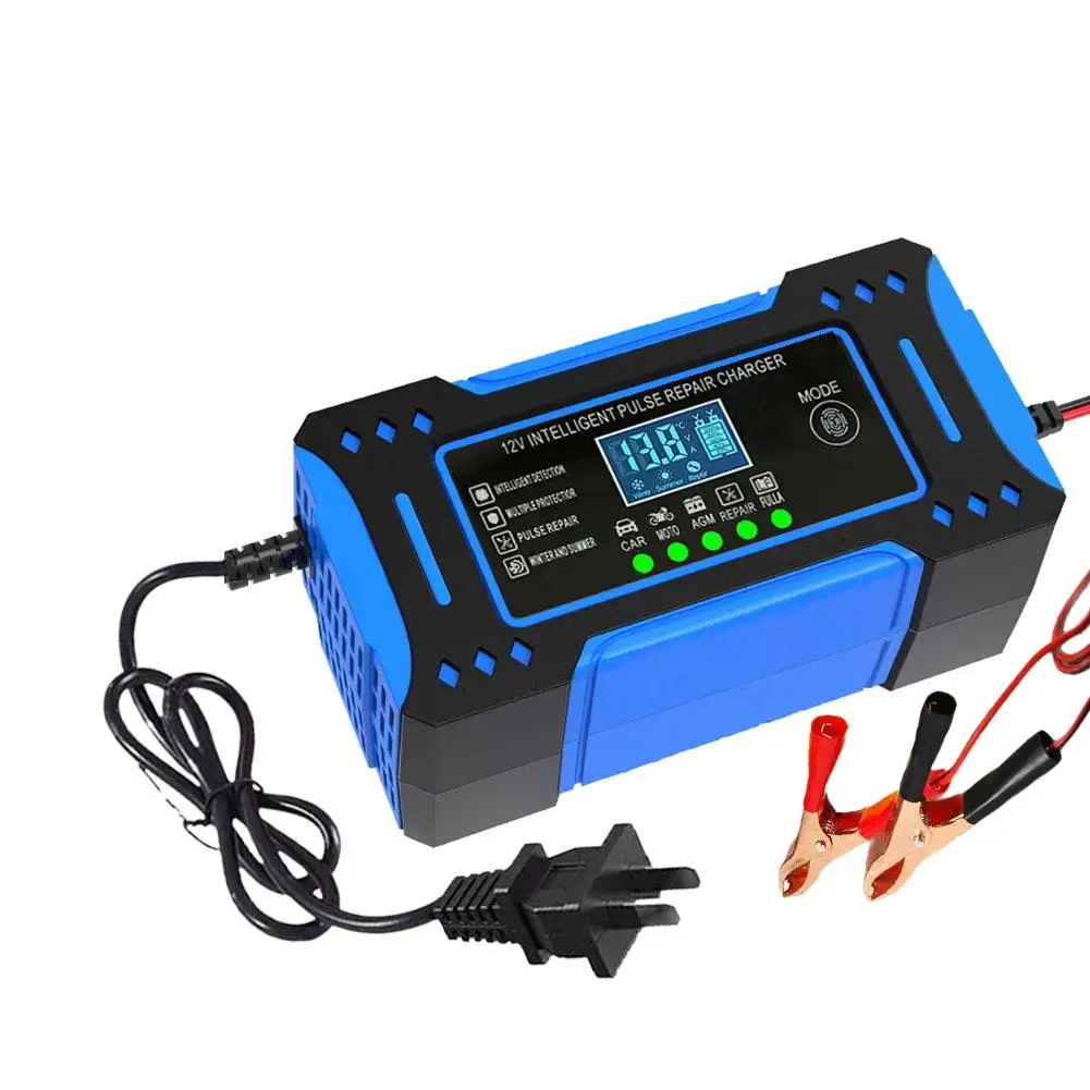 Carregador de bateria de carro 12v 6a, reparo de pulso automático inteligente, display lcd, carga rápida, carregador de bateria de chumbo-ácido para motocicleta automática