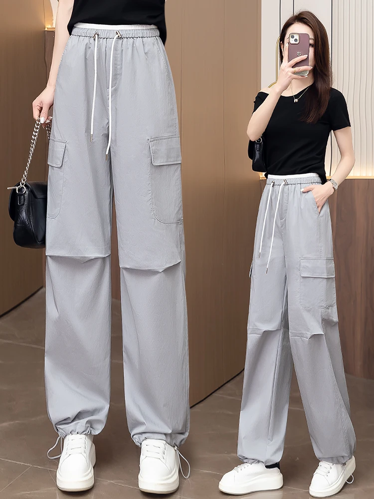 

American Style Quick Dry Work Pants Women Summer Thin Elastic High Waist Loose Casual Ice Silk Straight Leg Sport Trousers