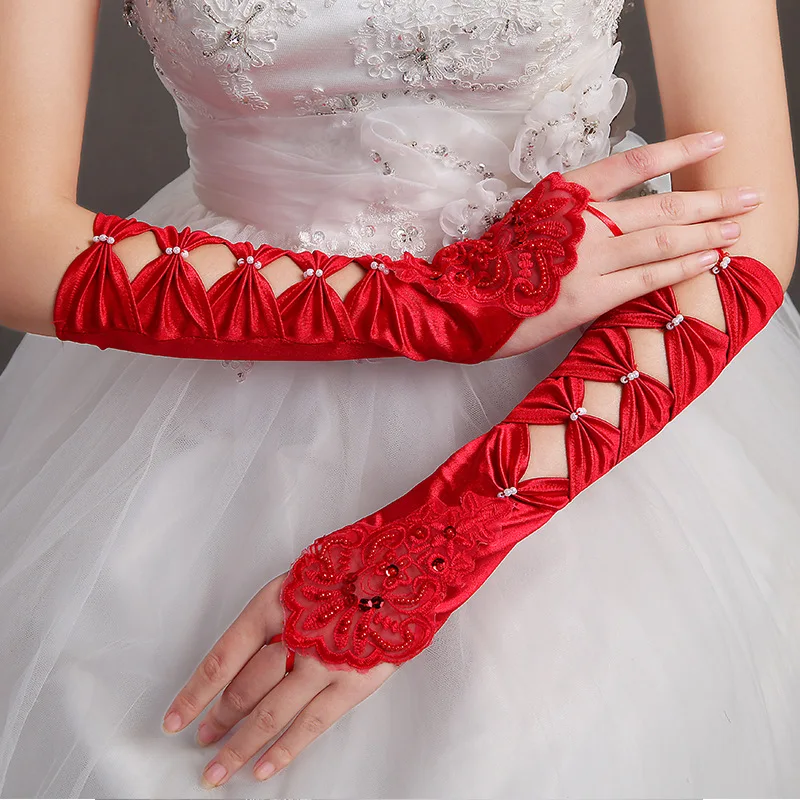 Women Satin Embroidery Lace Hook Finger Hollow Bride Wedding Long Gloves Opera Fashion Elegant Luxury Exquisite Elasticity