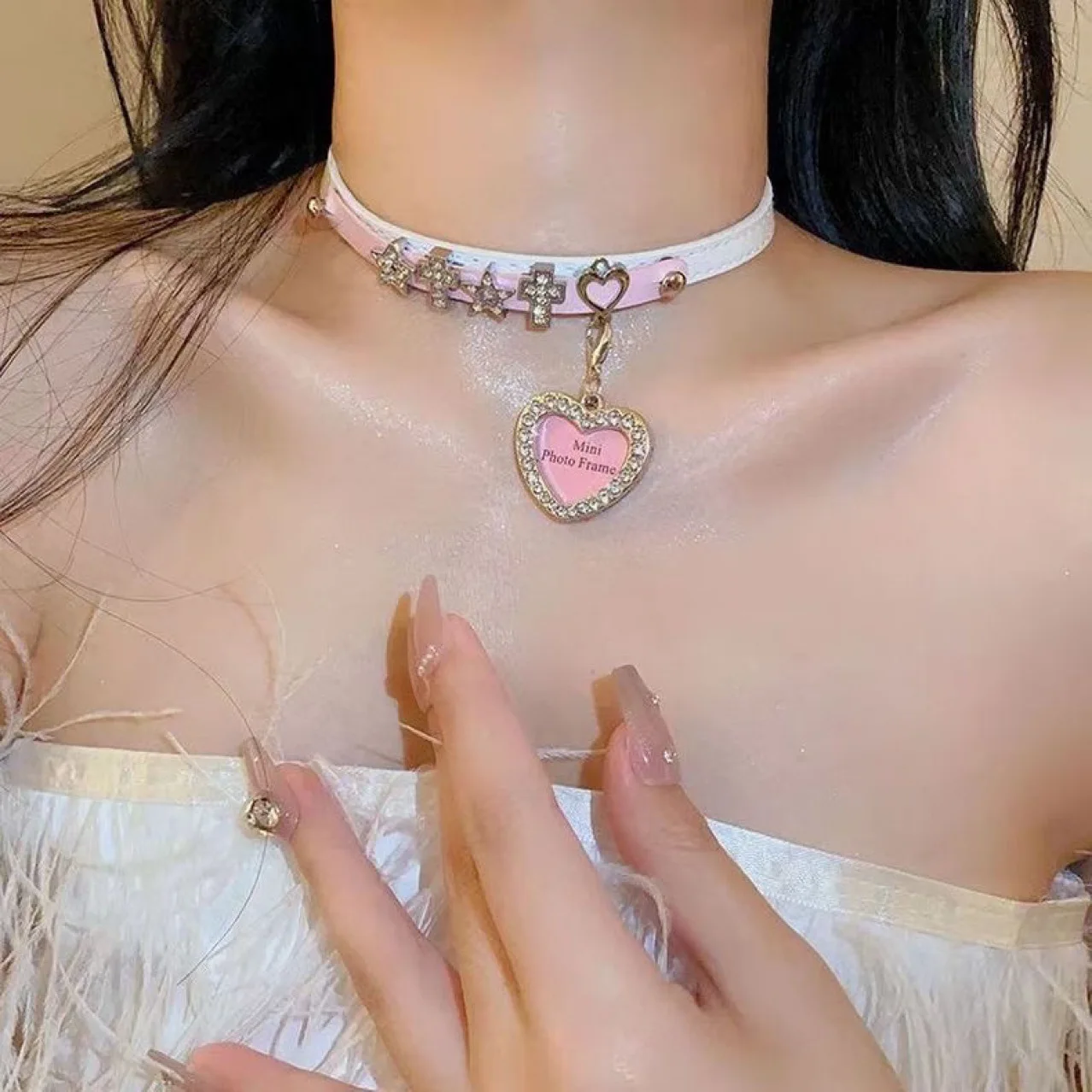 Y2K Pink And White Two-Tone Star Heart Choker Necklace Hot Girl Subculture French Dopamine Millennial Niche