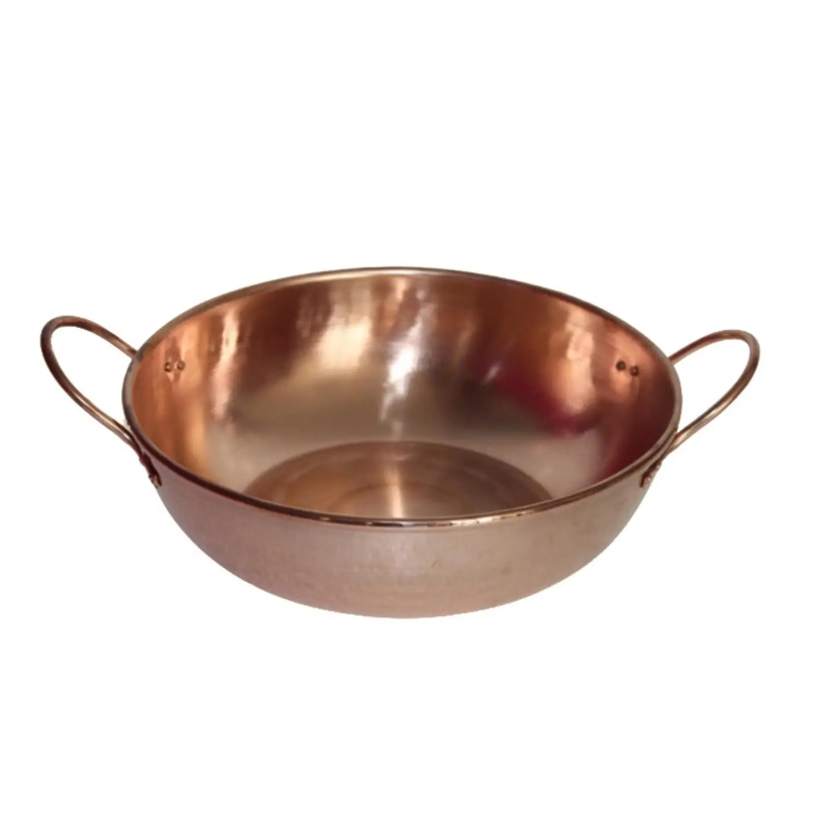 Copper Hot Pot Loop Handles Round Shallow Pot Polished Curved Walls