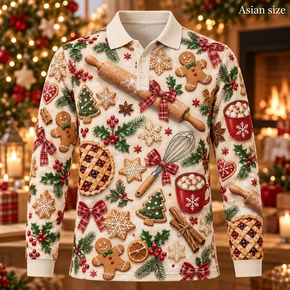 Christmas Baking Long Sleeve Polo Shirt for Men 3D Print Polyester Holiday Graphic Festive Casual Winter Fashion Novelty