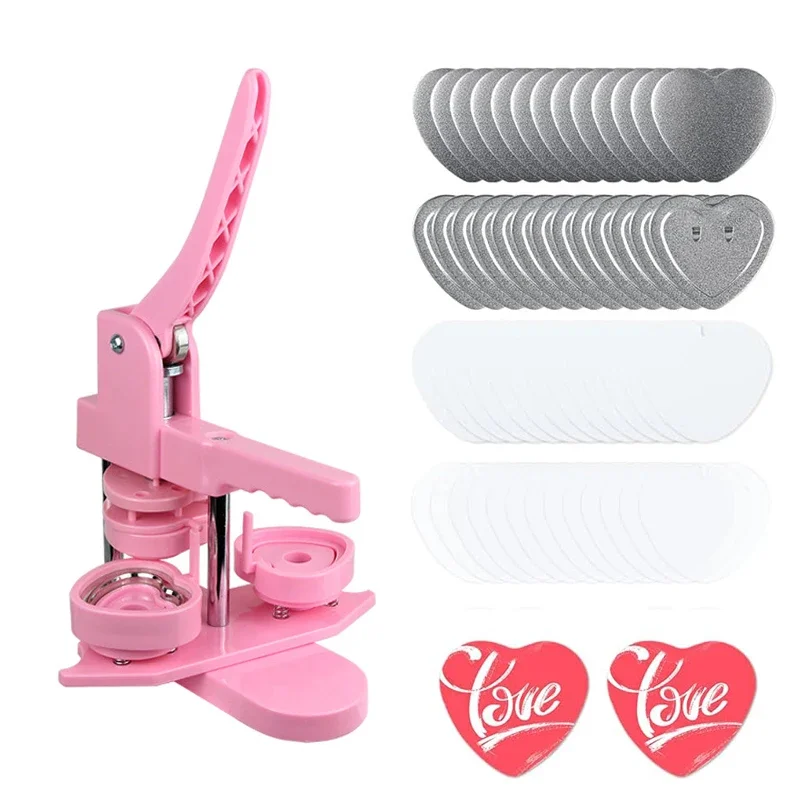 Heart-Shaped Rotating Button Maker Machine DIY Badge Pin Maker Punch Press Machine Kit with Mold & 100Sets Button Parts Supply