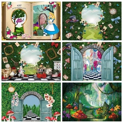 Disney Alice In Wonderland Tea Party Backgrounds Custom Green Forest Girls Happy Birthday Photography Backdrop Decoration Banner