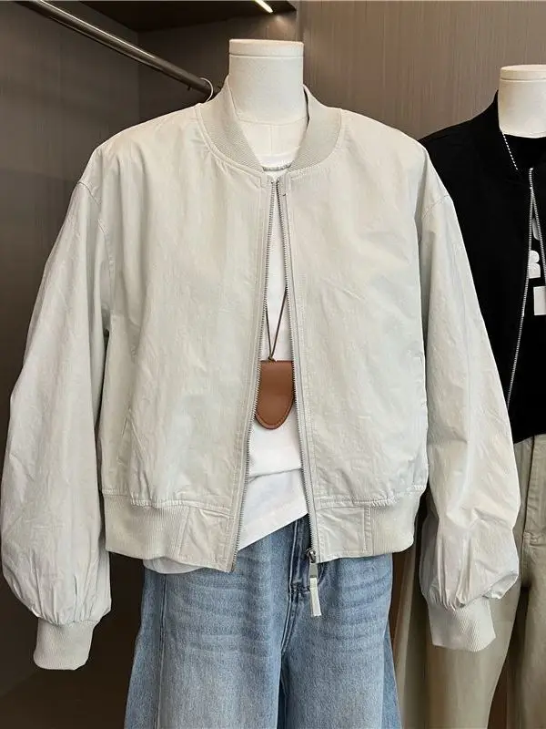 

Весенняя тонкая куртка-бомбер с воротником-стойкой, женская, в американском ретро-стиле, свободного кроя, укороченная, в корейском стиле, маленький размер