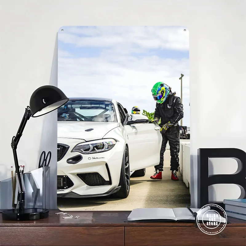 Race Car Driver and White Sports Car Tin Plaque Poster Customized Wall Art Retro Vintage Metal Signs for Room Gamer Decoration