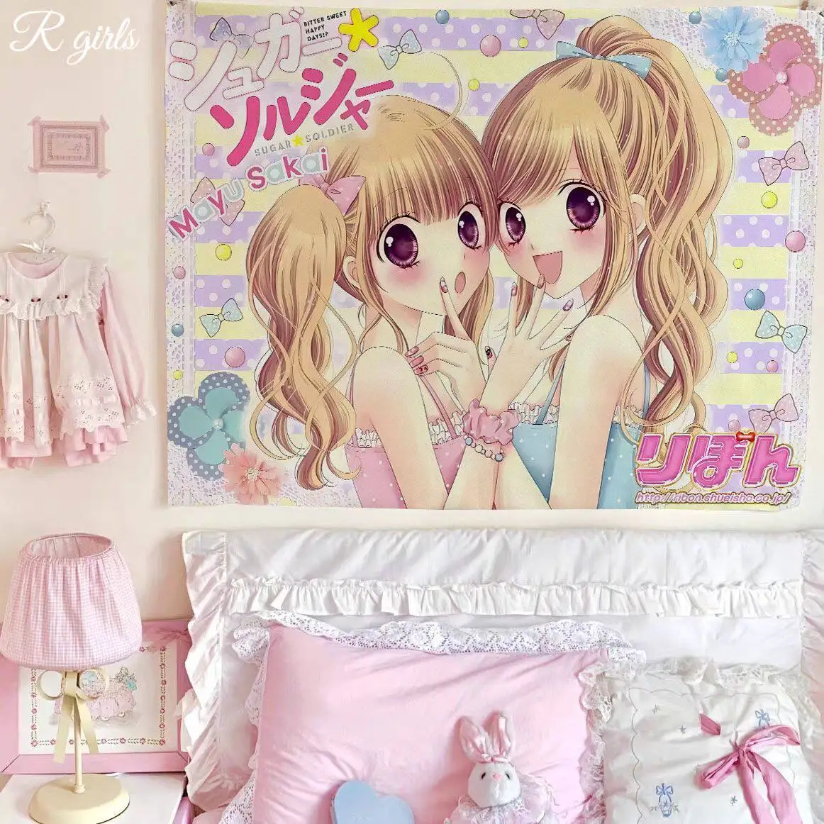 VIKAMA Kawaii Sugar Soldier Anime Girls Tapestry Pastel Striped Wall Hanging for Girls Bedroom