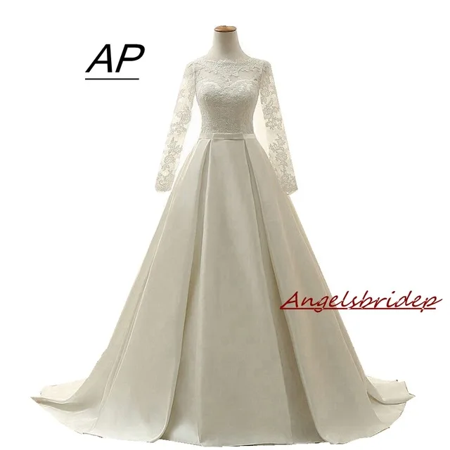 

ANGELSBRIDEP Luxury Long Sleeves Ball Gown Wedding Dress Vestido De Noiva Pleat Satin Court Train Lace-up Corset Back Plus Size