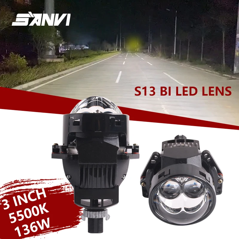 Sanvi 3” Bi LED Projector Lens Dual Hyperboloid Headlights Angel Eyes 12V 136W 5500K For H4 H7 9005 9006 Car Accessories