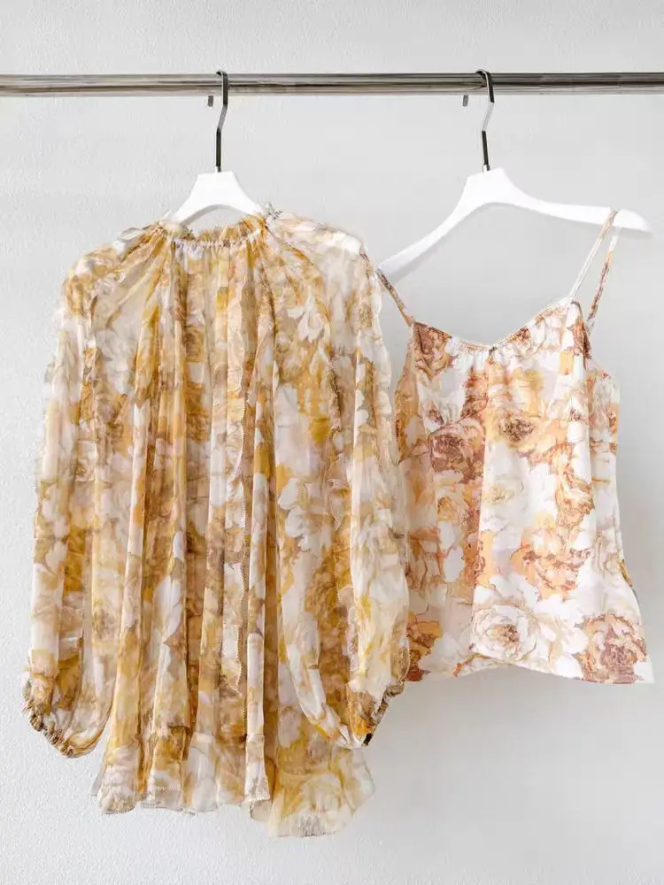 

Pleat Pleat Ruffles Blouse Tops 2025 New Fashion Yellow Flowers Print Long Sleeve