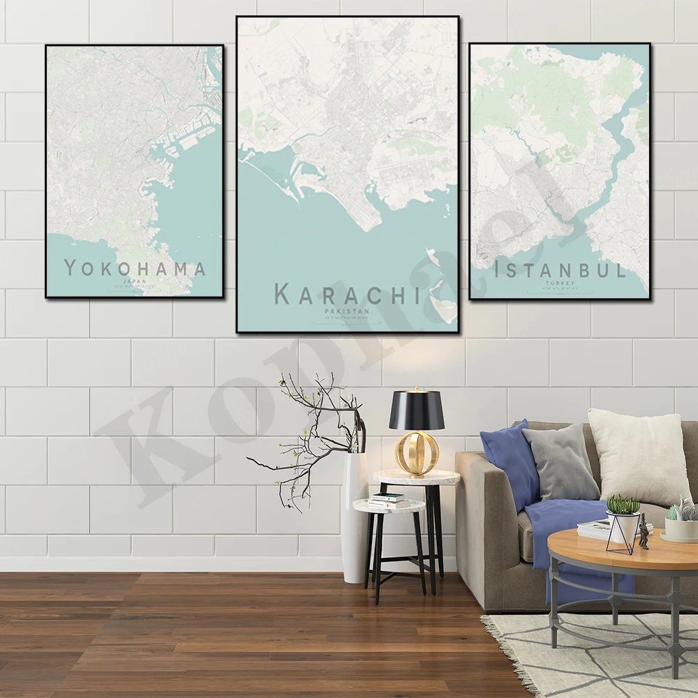 Karachi Yokohama Hanoi Istanbul Tehran Hong Kong Tianjin City Color Map Home Wall Decor Poster