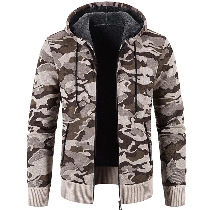 Men Winter Thick Fleece Camouflage Sweater Hooded Cardigan Slim Fit Knitted Sweaters Jacket Male Outwear Warm Sweatercoat