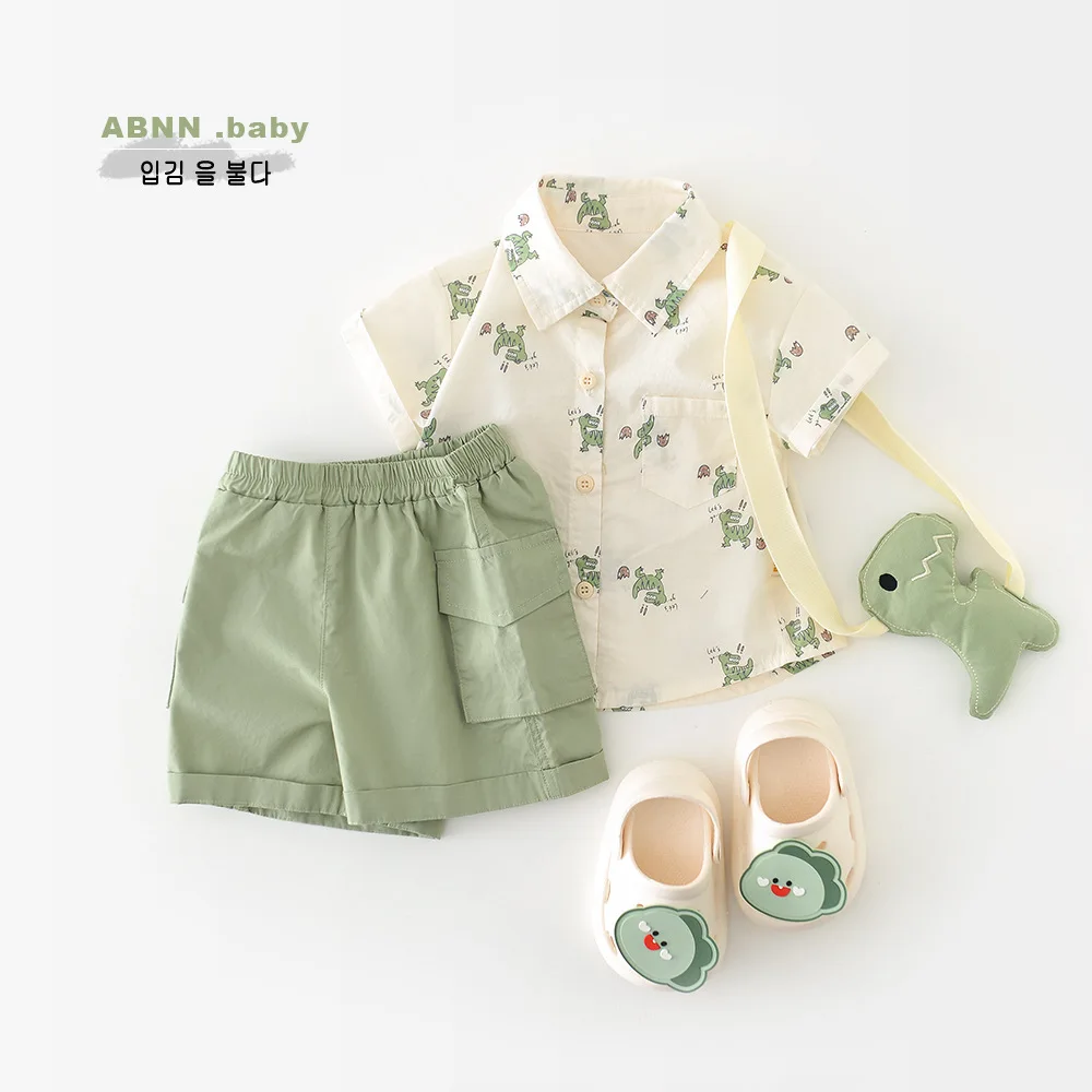 Summer boys cartoon short-sleeved two-piece set, baby full print little dinosaur set, free strap doll 3