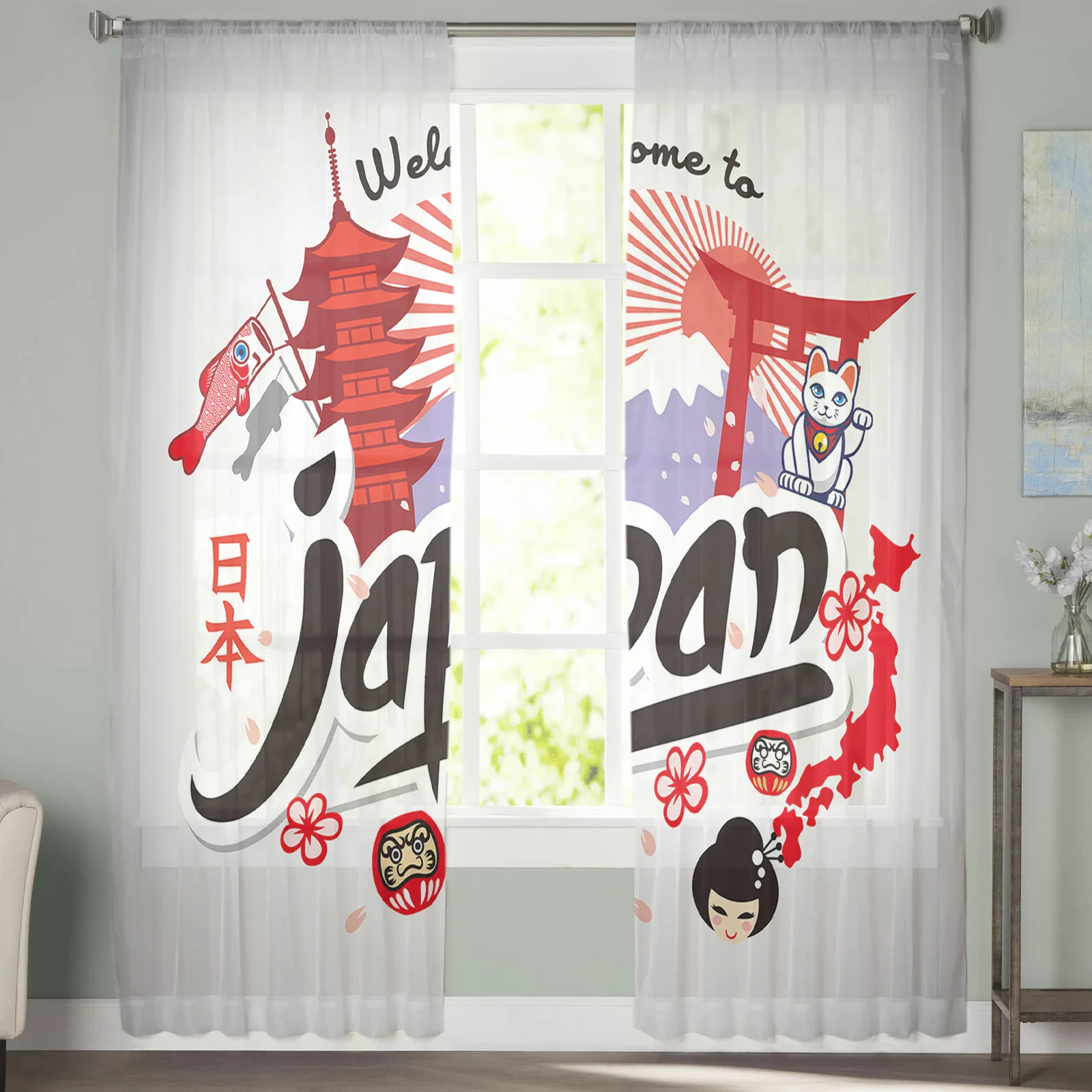 Basic Treasure Cat Pagoda Temple Sheer Curtain for Living Room Bedroom Voile Drape Kitchen Window Tulle Curtains Home Essentials