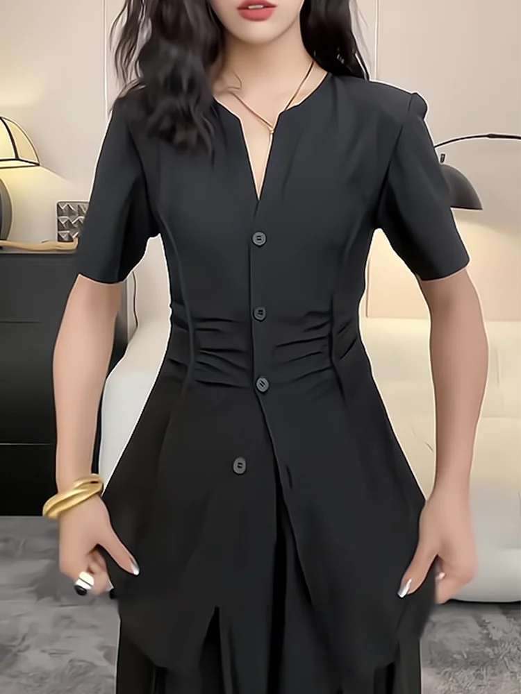 

Элегантная женская летняя блузка с V-образным вырезом и складками на талии, новый дизайн, короткий рукав, корейский стиль, эффект стройности, для повседневной носки