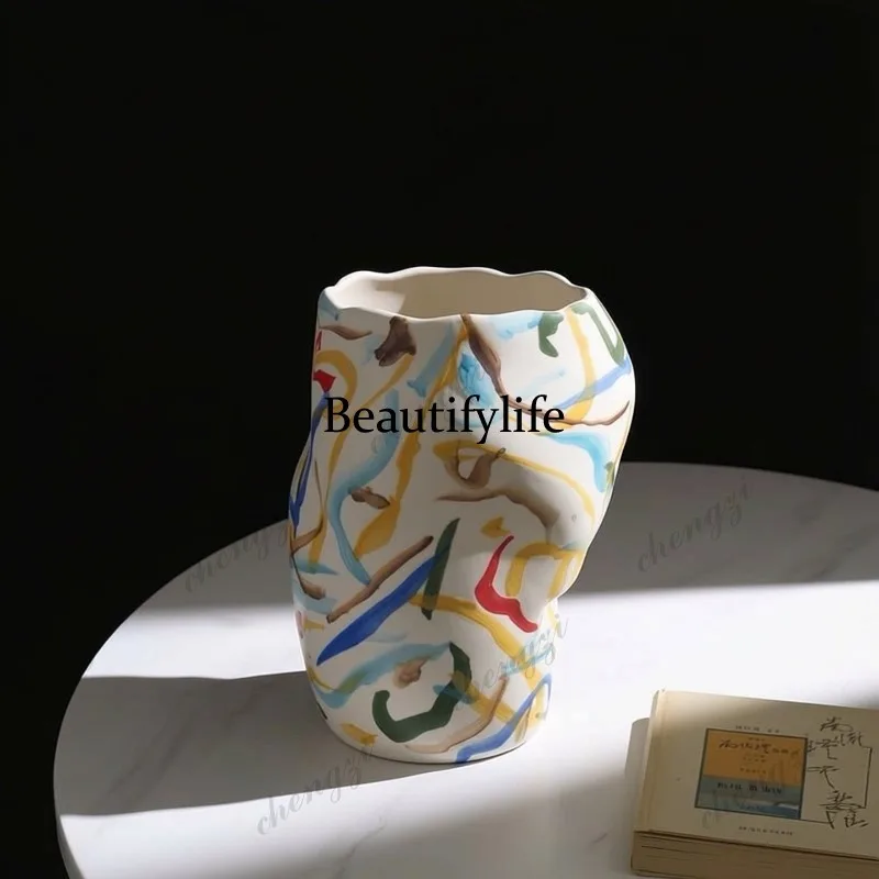 Wabi Stillwind hand-painted color bar twisted edge ceramic vase flower arrangement model room soft decoration high-end ornament