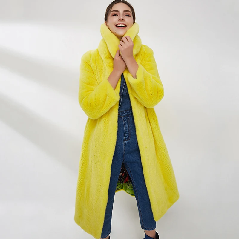 Ftangaiur Winter Import Velvet Mink Fur Coat Long Sleeve Women Turn-Down Collar Pure Color X-Long Natural Mink Fur Coats