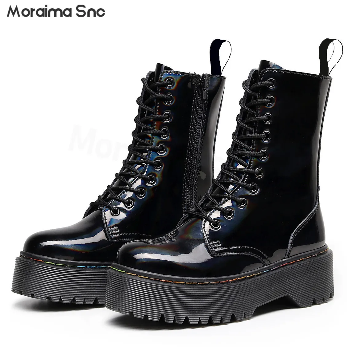 

Black Laser Thick-Soled Boots Round-Toe Patent Leather Side Zipper Mirrored Short Boots Large Size Fashionable Women's Boots