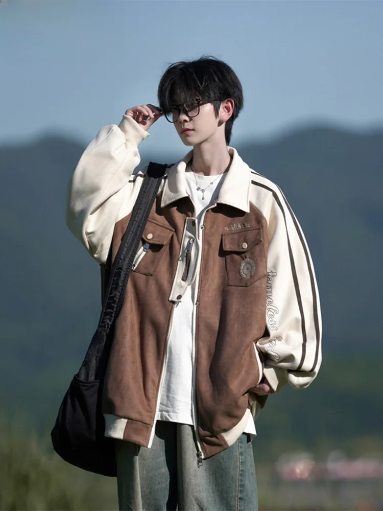 

Wassup Happy American Lazy Chic Men's Suede Jaet Autumn Winter Striped Collar Zipper Outerwear Casual Loose Fit Youth Faion