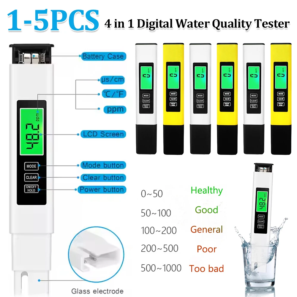 

4 in 1 Digital Water Tester TDS Meter 0-9990 PPM Water Quality Tester Pen Backlit LCD Display for Pools Drinking Water Aquariums